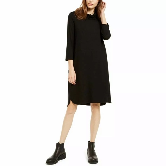 Eileen Fisher Dresses & Skirts - Eileen Fisher Black Cowl Neck 3/4 Sleeve Knee Length Tencel Jersey Dress NEW